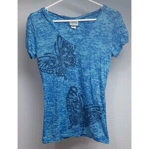 Outlaw U.S.A. Women's Large Blue Butterfly Graphic Tee Hooded Stretch Vintage